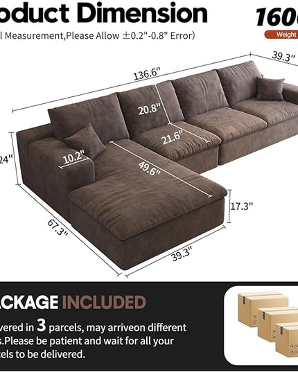 136.6'' L-Shaped Modern Modular Sectional Cloud Couch, 4-Seat Chenille Deep-Seat Sofa with Pillow for Living Room, Bedroom, Apartment, Camel