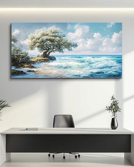 XIGUANGART Coastal Canvas Prints Wall Art Beach Sunset Ocean Waves Nature Pictures Trees on Rock Blue Painting Seascape Wall Decor for Living Room Bedroom Bathroom Home Office Artwork 40L x 20W