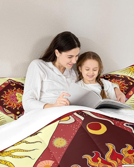 Sun Moon Kids Comforter Set Twin Size,Starry Sky Galaxy Psychedelic Bedding Set,Boys Girls Adults Room Decor,Bohemia Exotic Geometric Creative Down Comforter,Red Retro Duvet Insert,1 Pillowcase