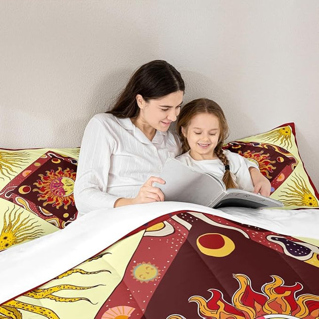Sun Moon Kids Comforter Set Full Size,Starry Sky Galaxy Psychedelic Bedding Set,Boys Girls Adults Room Decor,Bohemia Exotic Geometric Creative Down Comforter,Red Retro Duvet Insert,2 Pillowcases