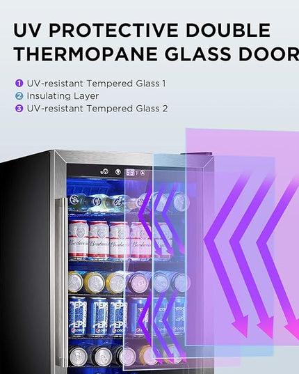 Wine Cooler 37 Bottle Freestanding Fridge with Stainless Steel Reversible Glass Door, 145 Can Beverage Refrigerator Quiet Compressor for Home Kitchen Bar, 4.5 Cu.ft Silver