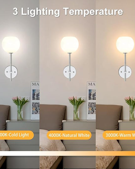 Chrome Battery Operated Wall Sconces Set of 2, Rechargeable Wireless Wall Lights with Milky White Frosted Glass Shade, 12 RGB and 3CCT Dimmable, Wall Lamps with Remote for Bedroom Living Room Hallway