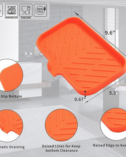 Silicone Bathroom Soap Dishes with Drain Spout-Bathroom and Kitchen Sink Organizer,Sponge Holder,Dish Soap Tray,Perfect for Dispenser,Scrubber,Bottle,Cup on Sink or Counter-Orange 9.6"×5.3"