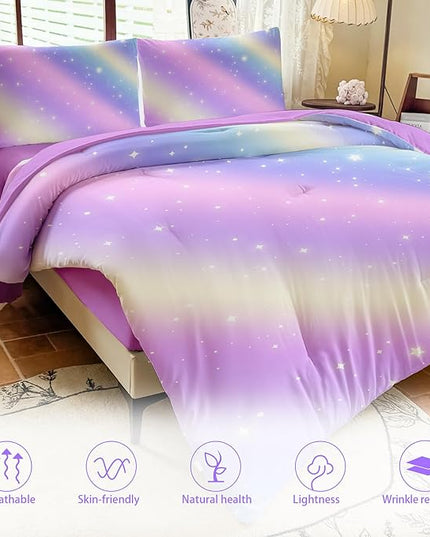 Girls Full Size Bedding Sets Rainbow Bedding – 5 Piece Comforter Set Full, Gradient and Colorful Galaxy Comforter for All-Season – Machine Washable, Durable – Gift Idea for Boys and Girls Room