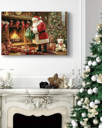 YONICA Christmas Wall Decor Santa Canvas Wall Art Home Decorations 40x28 Inches - Santa Pictures Christmas Pine Tree Bear Doll Prints Winter Painting Xmas Artworks for Living Room Bedroom