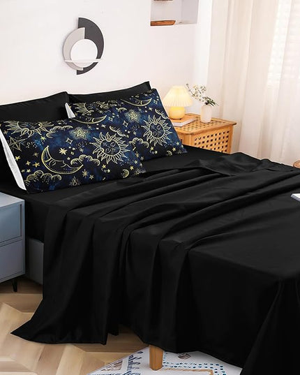 Merryword 8 Pieces Universe Bed in a Bag Sun and Moon Comforter Set California King Size Galaxy Bedding Blue Gold Moon Star Pattern Bohemian Gothic Comforter Set for Boys Girls Women