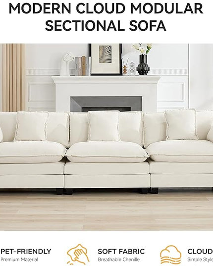 111'' Sectional Cloud Deep Seat Couch, Modern Comfy Chenille Modular Sectional Sofa for Living Room Set, Upholstered Modular 3-Seats Sofa Couch, Beige