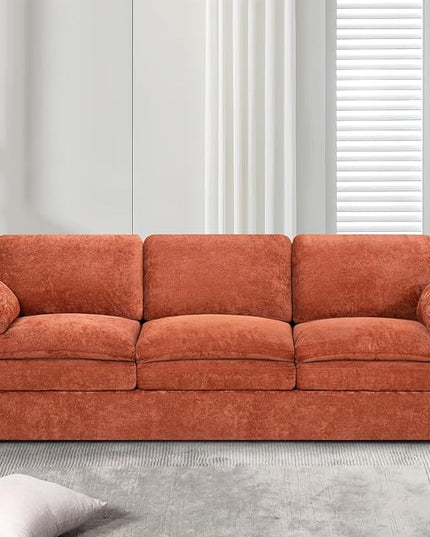 89" Chenille 3 Seats Sofa with 2 Pillows, Modern Upholstered Sofa with Deeper Seats, Comfy Sofa with Thickened Cushions for Living Room, Apartment, Orange