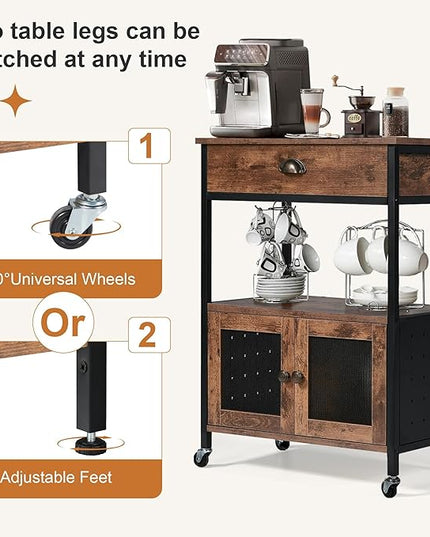 Catrimown Coffee Cart Station, Coffee Stand Station, Small Microwave Stand with Drawer, Movable Farmhouse Coffee Station Table on Wheels for Living Room, Entryway, Dining Room, Kitchen