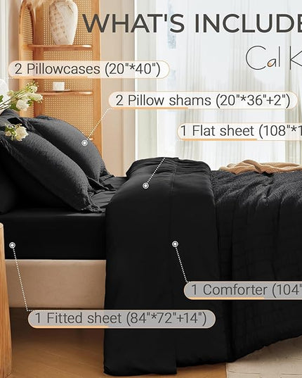 MUXHOMO 7 Pieces California King Comforter Set, Seersucker Bed in a Bag Cal King Size, All Season Luxury Bedding Set with Comforter, Flat Sheet, Fitted Sheet, Pillowcases & Shams, Black