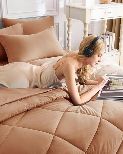 CozyLux Queen Comforter Set Pumpkin - Bed in a Bag Queen Size 7 Pieces, Luxury Soft Bed Set for All Seasons, Bedding Set with Down Alternative Comforter, Sheets, Pillowcases & Shams