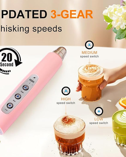 YUSWKO Pink Milk Frother Handheld with 3 Heads, Coffee Whisk Drink Foam Mixer with USB Rechargeable 3 Speeds, Electric Hand Frother for Latte, Cappuccino, Hot Chocolate, Egg