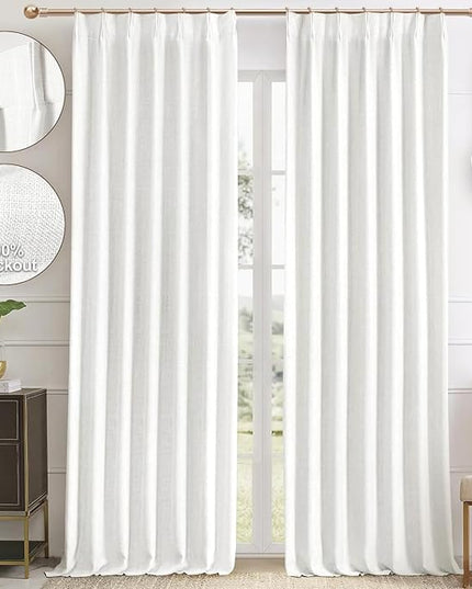 IVAPUPU Linen Pinch Pleated Blackout Curtains for Bedroom - Ivory Full Black Out Curtains 108 Inch 2 Panels Set for Living Room Darkening Thermal Window Curtain Drapes with 16pc Hooks