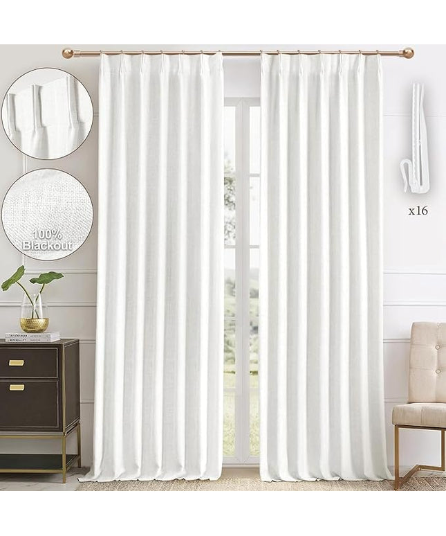 IVAPUPU Linen Pinch Pleated Blackout Curtains for Bedroom - Ivory Full Black Out Curtains 108 Inch 2 Panels Set for Living Room Darkening Thermal Window Curtain Drapes with 16pc Hooks