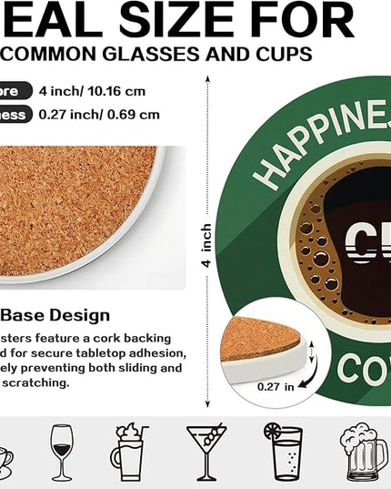 zcyhtqp, Happiness is a Cup of Coffee, Funny Absorbent Round Ceramic Stone Coasters Set of 4 with Cork Base, Funny Coffee Coasters, Gifts for Home, Kitchen, Office Table Décor