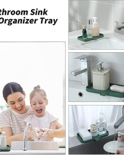 Silicone Bathroom Soap Dishes with Drain Spout-Bathroom and Kitchen Sink Organizer,Sponge Holder,Dish Soap Tray,Perfect for Dispenser,Scrubber,Bottle,Cup on Sink or Counter-Green 9.6"×5.3"