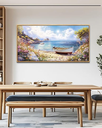 Wood Farmed Large Wall Decor For Living Room Canvas Wall Art For Office Modern Wall Decorations For Bedroom The Sea Boat Landscape Painting Farmhouse Pictures Artwork Room Home Decor 24x48 In