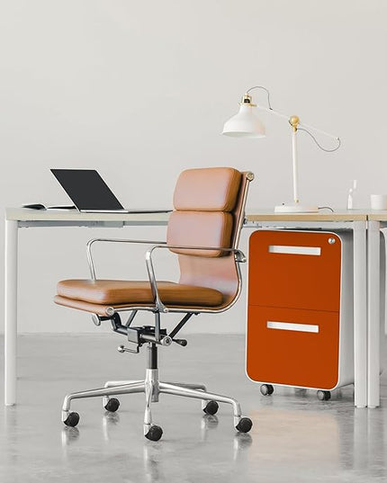 Laura Davidson Furniture Stockpile 2 Drawer Mobile File Cabinet with Lock - Under Desk Metal Filing Cabinet, Legal/Letter File Folders, Wheels and Stationary Feet, Pre-Assembled, White/Orange