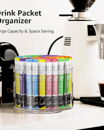 Divided Drink Packet Organizer, Rotating Turntable Organizer, Clear Lazy Susan for Powdered Drink Mix, Water Drink Packet Holder