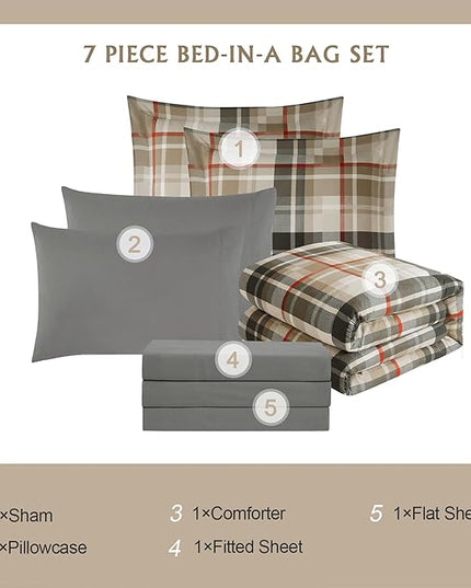 MaiRêve Plaid Queen Comforter Sets Khaki, Classic Farmhouse Bedding Set Bed in A Bag 7 Pieces, Lightweight All Season Comforter Set with Fitted & Flat Sheet, Pillowcases & Shams