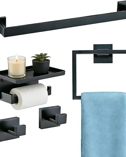 5-Pieces Matte Black Bathroom Hardware Accessories Set,SUS304 Stainless Steel Wall Mounted 16 Inch Hand Towel Bar,Towel Racks for Bathroom, Bath Towel Bar Set Wall Mounted