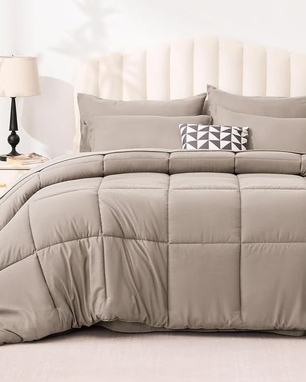 Love's cabin Queen Comforter Set Light Brown, 7 Pieces Queen Bed in a Bag, All Season Bedding Sets with 1 Comforter, 1 Flat Sheet, 1 Fitted Sheet, 2 Pillowcase and 2 Pillow Sham