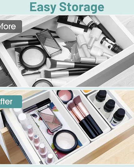 WOWBOX 25 PCS Plastic Drawer Organizer Set, 4 Sizes Desk Drawer Divider Organizers and Storage Bins for Makeup, Jewelry, Gadgets for Kitchen, Bedroom, Bathroom, Office, White