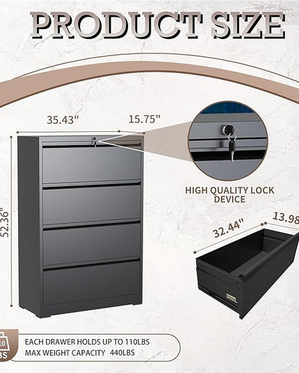 4 Drawer Lateral File Cabinet with Lock, Metal File Cabinet, Lateral File Cabinets for Home Office, Heavy Duty File Storage Cabinet for Legal/Letter/A4 Document, Assembly Required, Black