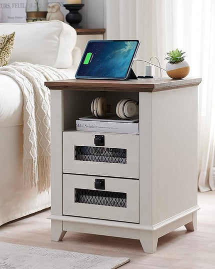Nightstand with Charging Station,OKD 18'' Industrial & Farmhouse Square End Table w/ 2 Drawers & Open Cubby, Rustic Mesh Drawer Sofa Side Table w/Storage for Bedroom, Living Room Office, Antique White
