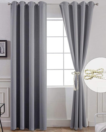 Yakamok Room Darkening Gray Blackout Curtains, Light Blocking Thermal Insulated Grommet Drapes for Bedroom Living Room, 52W x 84L, Grey Curtains, 2 Panels, 2 Tie Backs Included