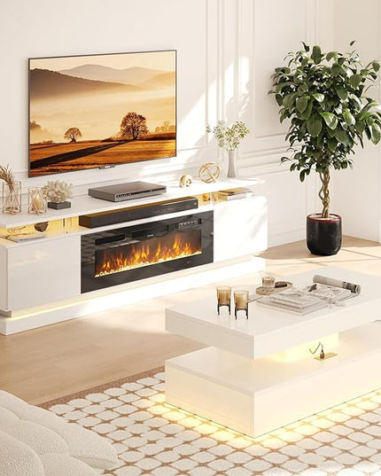 Modern Table Set Includes 70" Fireplace TV Stand & 47" Coffee Table with Charging Station and USB Ports, for Living Room, White & Black