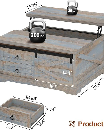 Itaar 39.4'' Lift Top Coffee Table with Storage, Farmhouse Coffee Tables for Living Room, Square Coffee Table with Large Hodden Compartment & 2 Drawrs & Adjustables Shelves (Blue)