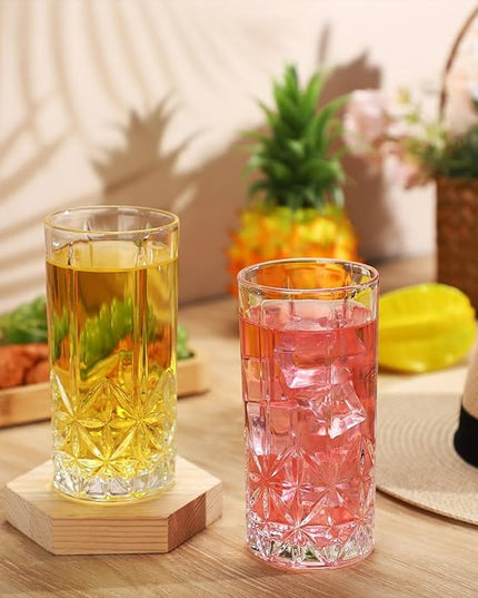 Uiifan Set of 12 Tall Highball Glasses 12 oz Crystal Drinking Glasses Clear Fancy Cups Vintage Textured Designer Glassware for Cocktail Tea Water Beer Soda Beverages, Dishwasher Safe(Stylish Style)