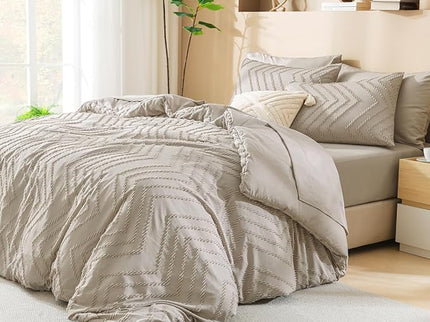 Litanika California King Size Comforter Set with Sheets Beige - 7 Pieces Bed in a Bag Cal King Chevron Tufted Complete Bedding Sets with Comforter, Sheets, Pillowcases & Shams