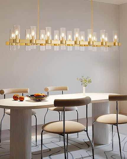 Gold Linear Chandeliers for Dining Room, 54" Rectangle Chandelier with Glass, 16-Light Modern Chandeliers Over Table, Farmhouse Chandelier for Kitchen Island, Industrial Pendant Light Fixtures