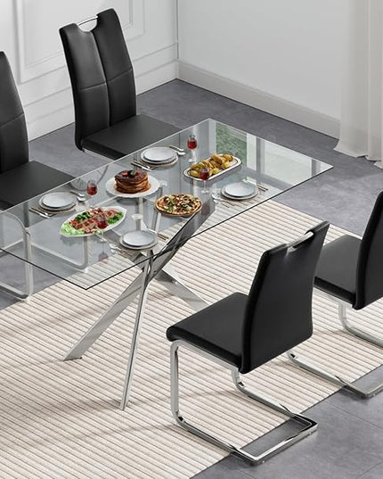 5 Piece Glass Dining Table Set, Glass Kitchen Dining Room Table Set for 4, Modern 51" Rectangular Silver Glass Metal Dining Table with 4 Black Leather Dining Chairs for Kitchen Dining Room