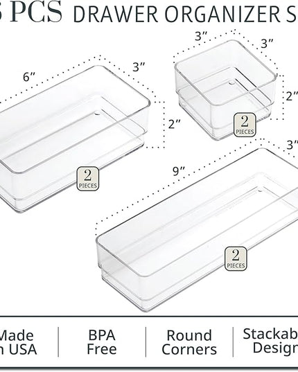STORi SimpleSort Drawer Organizer Bins 6 pc Set, Multi-size, Bathroom Organizers and Storage, Makeup Organizer, Desk Organizer, Vanity Organizer, Clear Organizing Containers, Made in USA