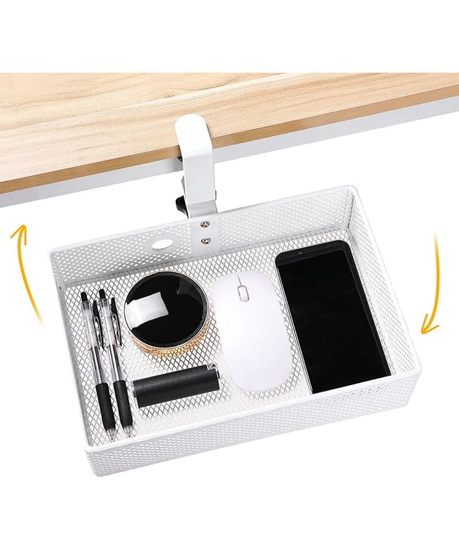Mesh Desk Organizer and Clamp-on Swivel Pencil Drawer, Desk Hidden Desk Organizer Extra Sturdy C-Clamp Mount System and Easy to Instal, Home Office Art Supply Storage Box (White)