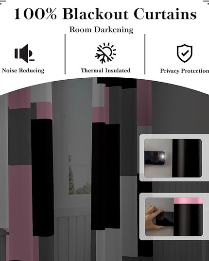Pink 100% Blackout Curtains for Bedroom 72 inch Length 2 Panels Set Grey Modern Abstract Geometric Black Out Curtains Thermal Insulated Room Darkening Window Drapes for Living Room, 42Wx72L
