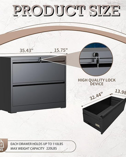 2 Drawer Lateral File Cabinet with Lock, File Cabinet, Metal Lateral Filing Cabinets for Home Office, File Storage Cabinet for Legal/Letter/A4 Documents, Assembly Required (Black, 35'W)