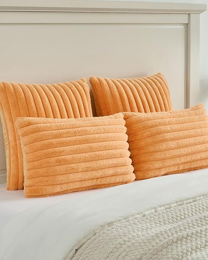 FUTEI Orange Throw Pillow Covers Set of 2, 26x26 Inch Striped Texture Euro Pillow Shams with Soft Faux Rabbit Fur Front & Velvet Back, Modern Decorative Couch Pillows for Living Room