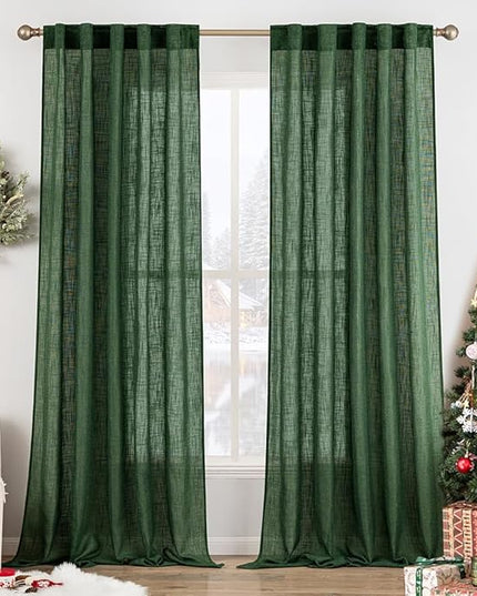 MIULEE Emerald Green Linen Curtains 96 Inch Long for Bedroom Living Room, Soft Thick Linen Textured Window Drapes Semi Sheer Light Filtering Rod Pocket Back Tab Christmas Burlap Look, 2 Panels