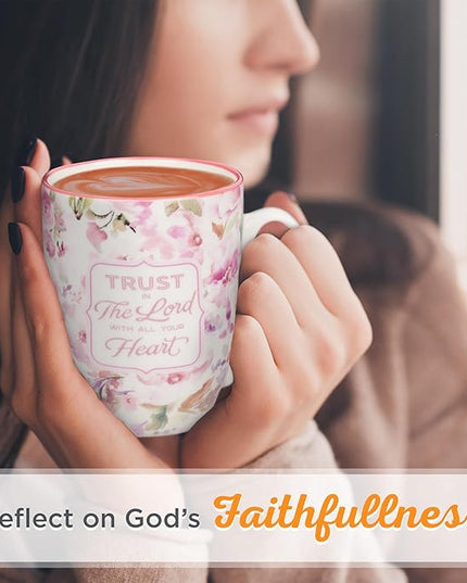 Christian Art Gifts Encouraging Ceramic Coffee & Tea Bible Verse Mug for Women: Trust in the Lord Inspirational Scripture Proverb, Microwave & Dishwasher Safe, White & Pink Watercolor Floral, 12 oz.