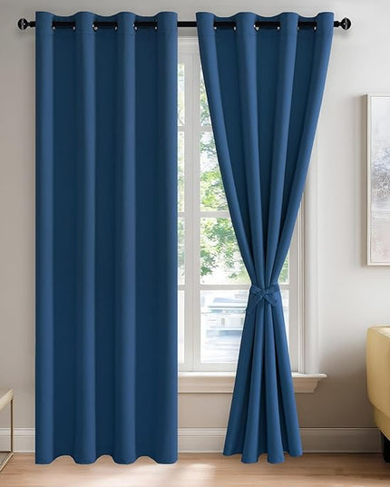 JIUZHEN Blackout Curtains with Tiebacks-Thermal Insulated, Light Blocking/Noise Reducing Grommet Curtain for Bedroom/Living Room, Set of 2 Window Curtain Panels, 52x84 Inch Length, Classic Blue