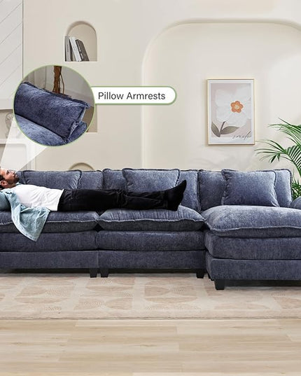120" Modular Sectional Sofa, Comfy Cloud Couch Sectional Sofa with Ottoman, Chenille Sofa Sleeper Deep Seat Sofa with Throw Pillows for Living Room (Blue, 120"- L Shape)