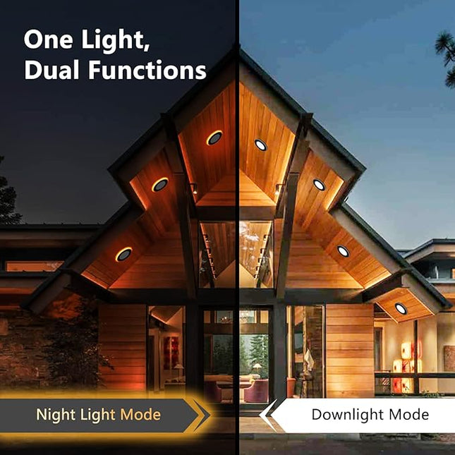 CycevSun 6 Pack Black Recessed Lights 4 Inch with Night Light, Canless Ultra Thin Wafer Downlight Pot Outdoor Exterior Soffit Lighting, Dimmable & 5 Color Selectable, 9W, ETL & Energy Star