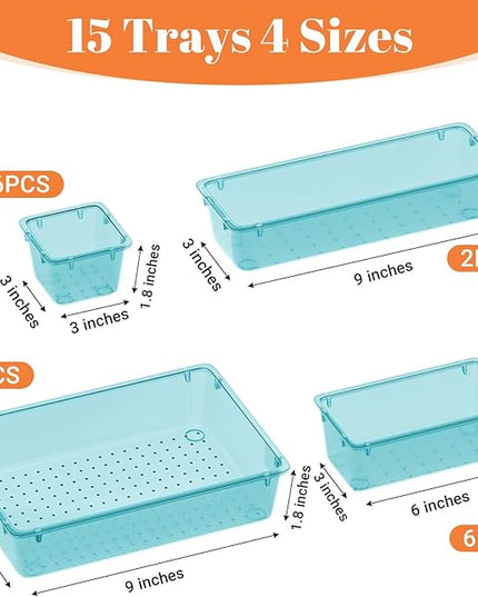 15 PCS Clear Plastic Drawer Organizer Set, 4-Size Acrylic Drawer Storage Trays, Storage Bins for Makeup, Gadgets, and Jewelry in Bathroom, Bedroom and Office, Clear Sea Blue