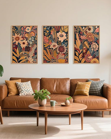 HOURIA Large Orange Flower Framed Canvas Wall Art Set,Boho Mid Century Modern Floral Botanical Wall Decor,Retro Vintage Blossom Artwork,Neutral Plant Art Print for Living Room,Bedroom,Office-16"x24"x3