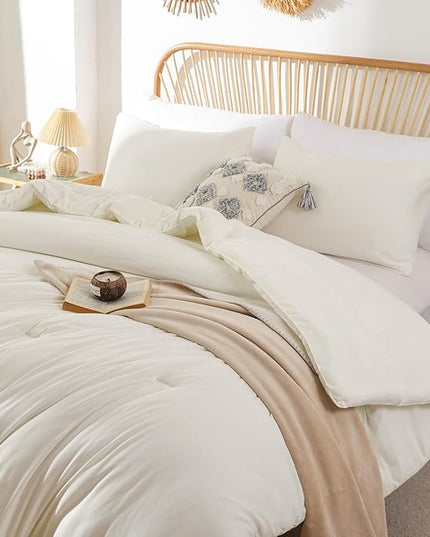 ROSGONIA Queen Comforter Set Ivory, 3pcs(1 Boho Ivory Comforter & 2 Pillowcases) All Season Soft Bedding Lightweight Bedspread Blanket Quilt Bed