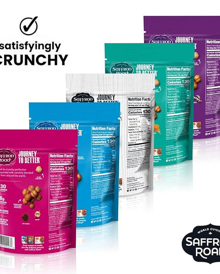Saffron Road Crunchy Chickpeas Variety Pack with Bombay Spice, Korean BBQ, Falafel, Sea Salt & Cracked Pepper | High-Protein, Vegetarian, Non-GMO, Halal & Kosher Certified Snack | Pack of 6